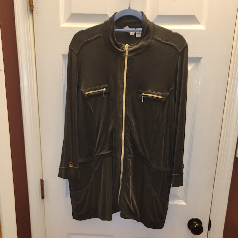 Chicos Travelers 2 Army Olive Green Full Zip Jacket Top Cinch Waist Large